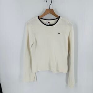 Vintage Tommy Hilfiger Cream Knit Sweater Flag Logo Crewneck Size L (Runs Small)